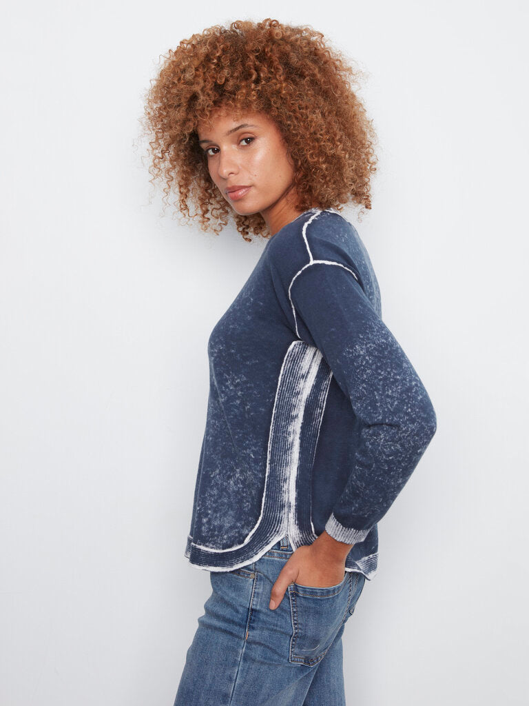 CHARLIE B Midnight Blue and White Long Sleeve Cotton Sweater Top