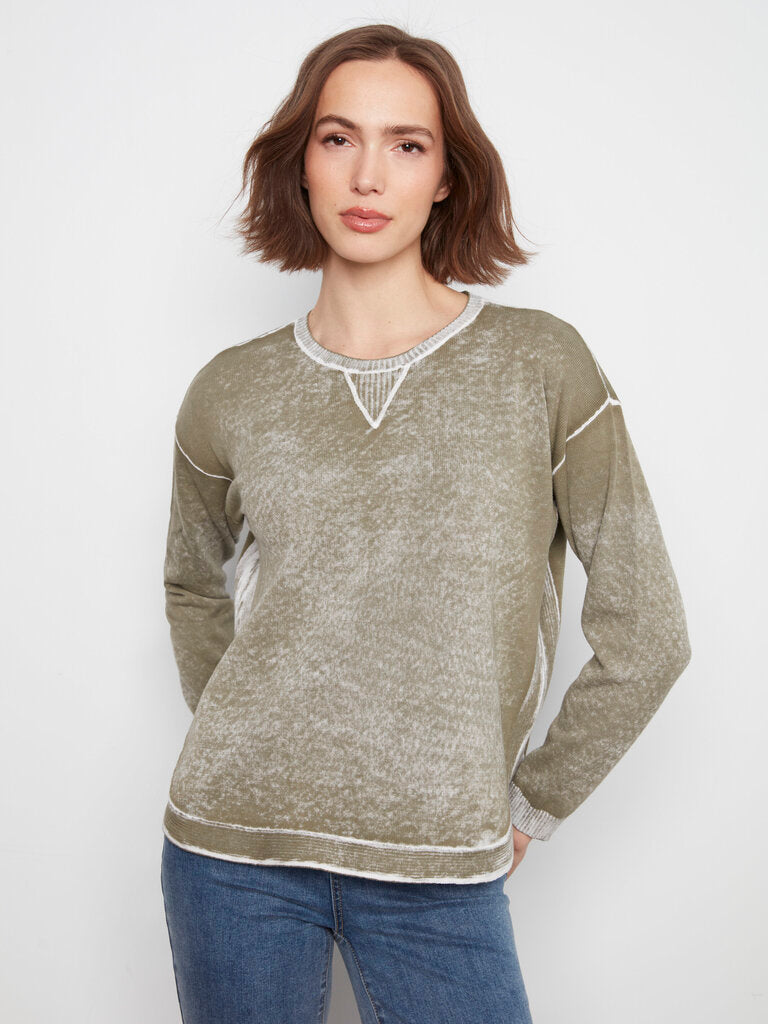 CHARLIE B Moss Green and White Long Sleeve Cotton Sweater Top