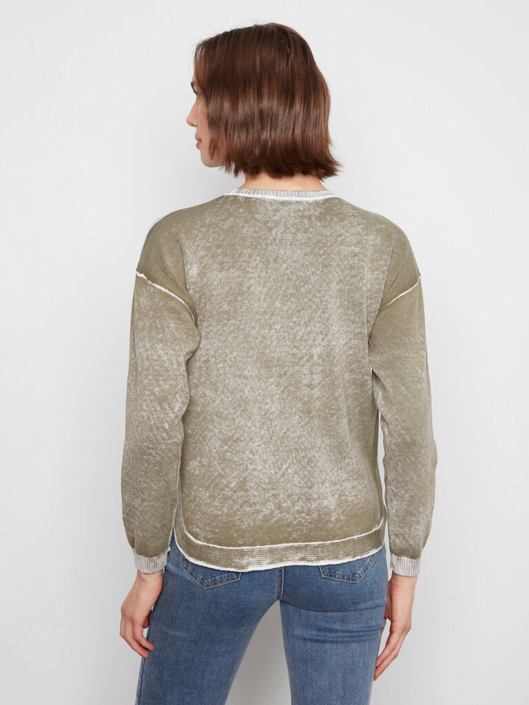 CHARLIE B Moss Green and White Long Sleeve Cotton Sweater Top