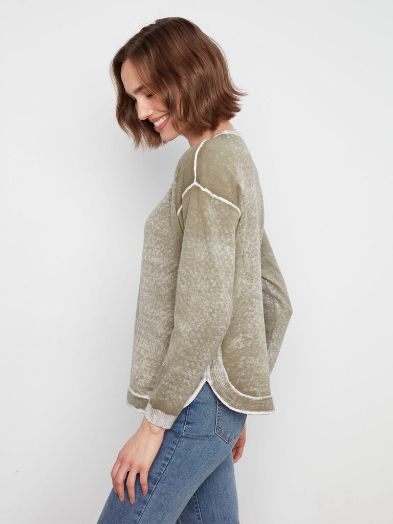 CHARLIE B Moss Green and White Long Sleeve Cotton Sweater Top