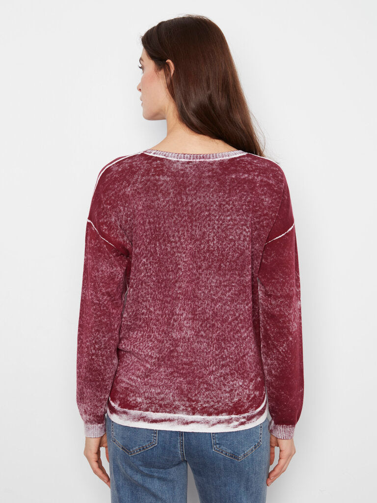 CHARLIE B Burgundy and White Long Sleeve Cotton Sweater Top