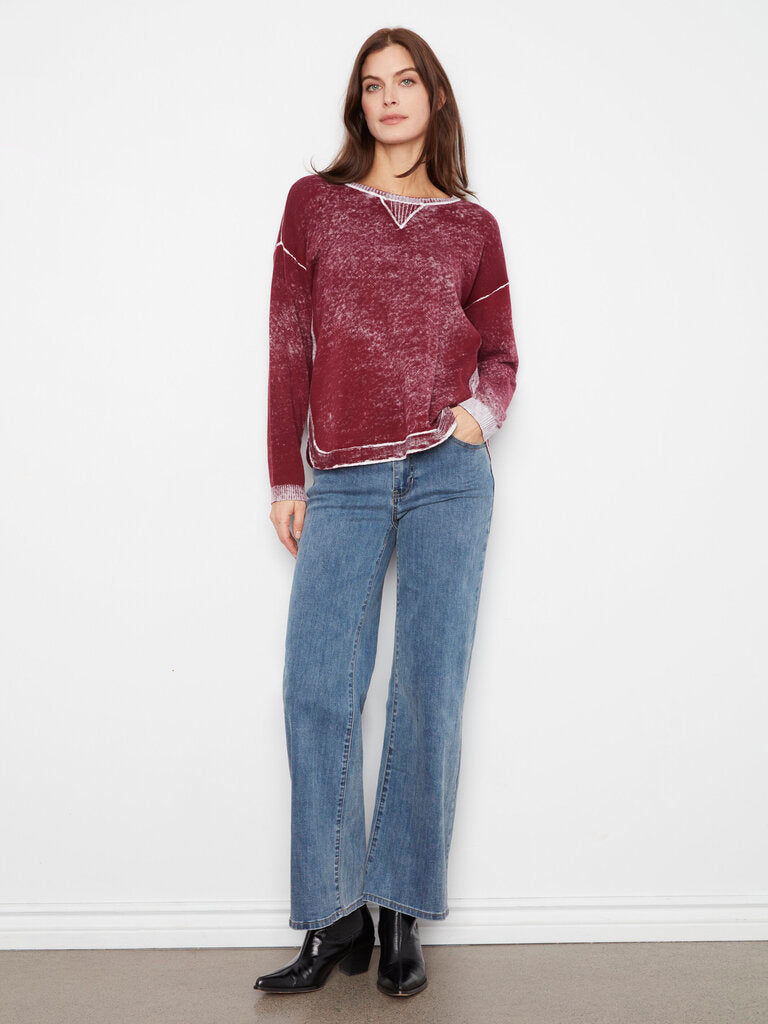 CHARLIE B Burgundy and White Long Sleeve Cotton Sweater Top