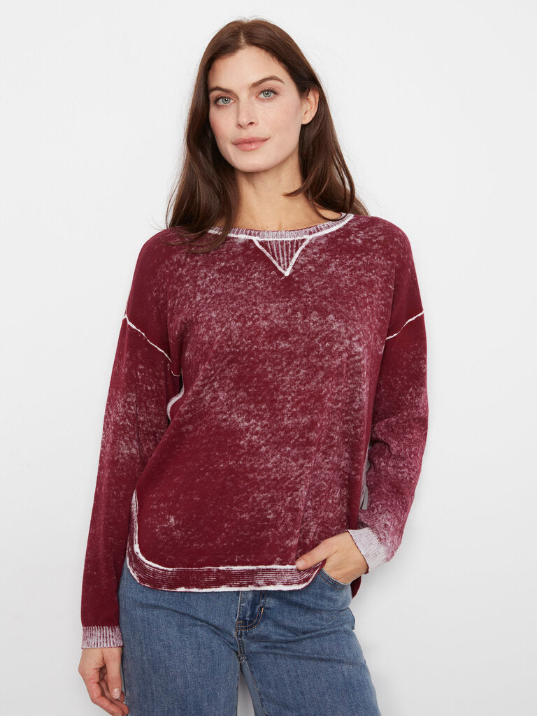 CHARLIE B Burgundy and White Long Sleeve Cotton Sweater Top