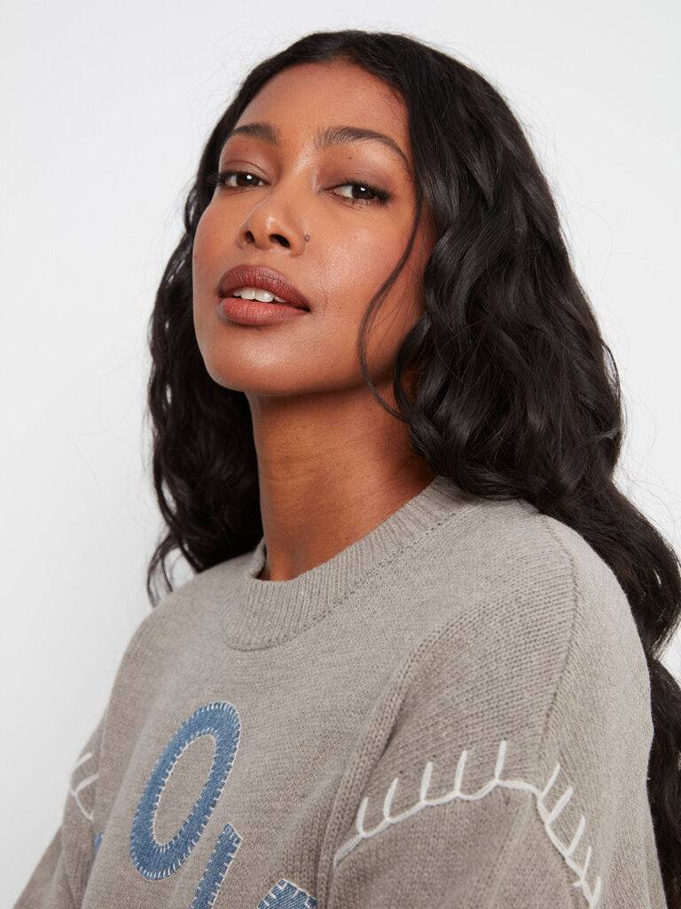CHARLIE B Grey Sweater with Denim Love Patch