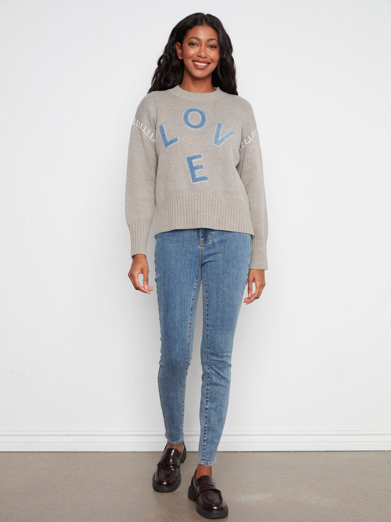CHARLIE B Grey Sweater with Denim Love Patch