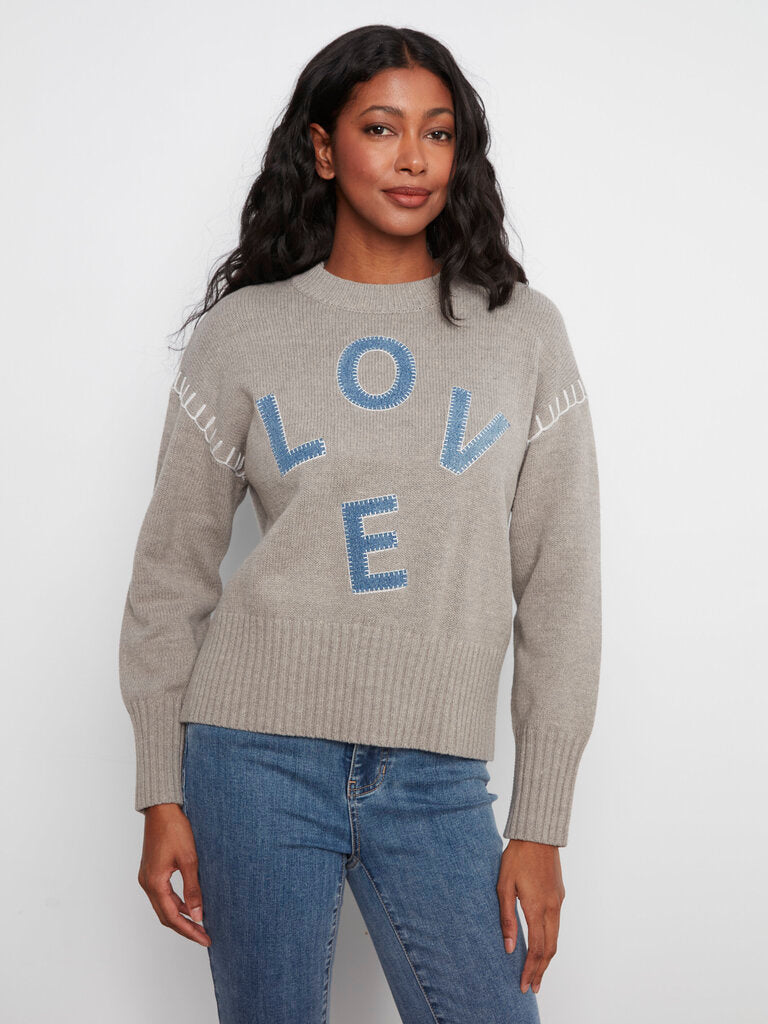 CHARLIE B Grey Sweater with Denim Love Patch