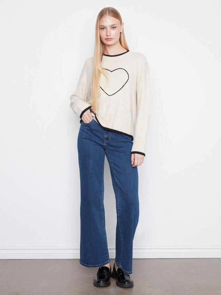 CHARLIE B Cream Long Sleeve Embroidered Heart Sweater