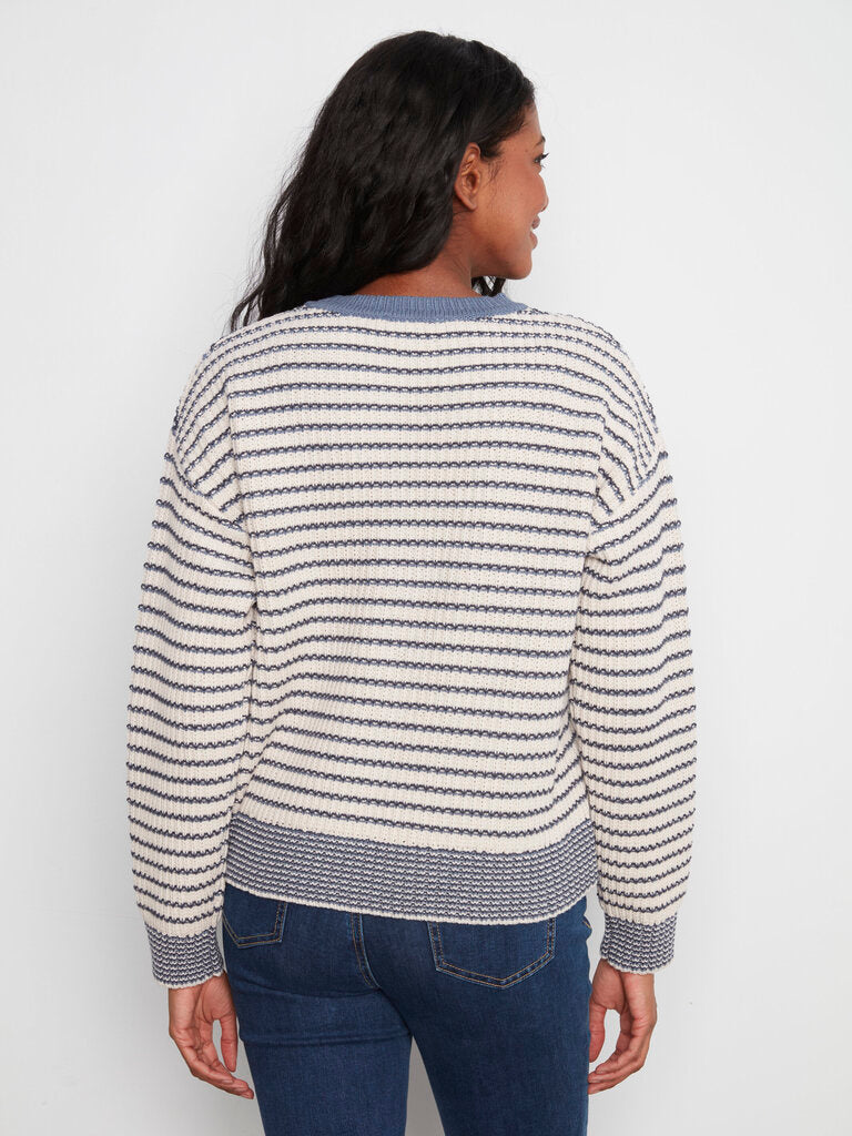 CHARLIE B Cream and Blue Stripe Long Sleeve Sweater
