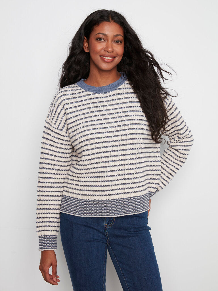 CHARLIE B Cream and Blue Stripe Long Sleeve Sweater