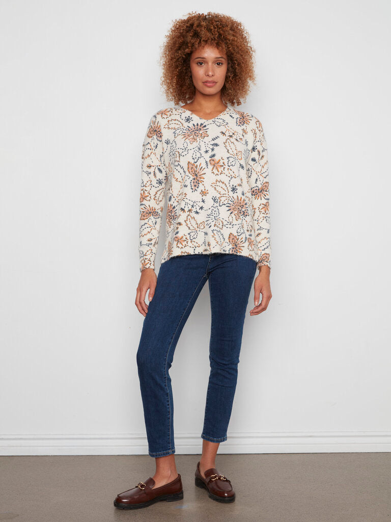 CHARLIE B Cream and Multi Floral Motifs Long Sleeve Sweater