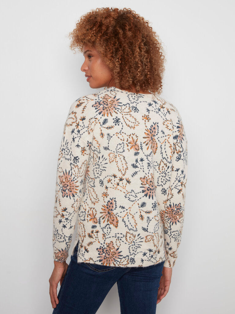 CHARLIE B Cream and Multi Floral Motifs Long Sleeve Sweater