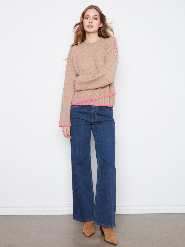 CHARLIE B Tan and Pink Wide Long Sleeve Soft Sweater