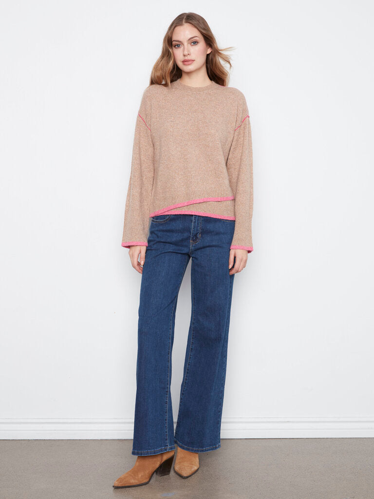 CHARLIE B Tan and Pink Wide Long Sleeve Soft Sweater