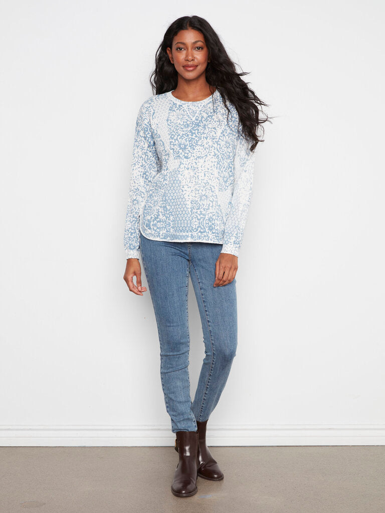 CHARLIE B White and Blue Long Sleeve Cotton Sweater Top