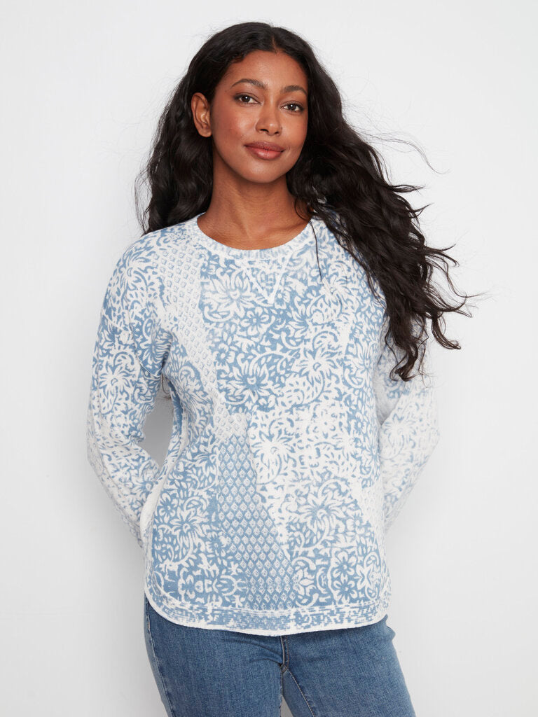 CHARLIE B White and Blue Long Sleeve Cotton Sweater Top