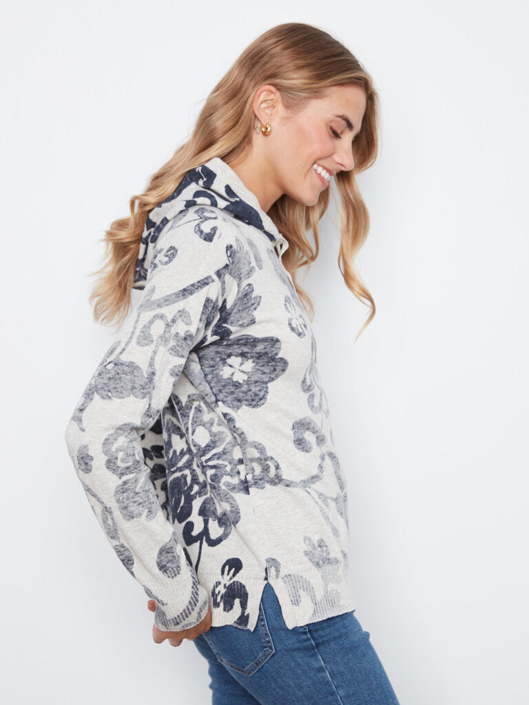 CHARLIE B Grey and Blue Paisley Long Sleeve Lightweight Cotton Hoodie Sweater Top