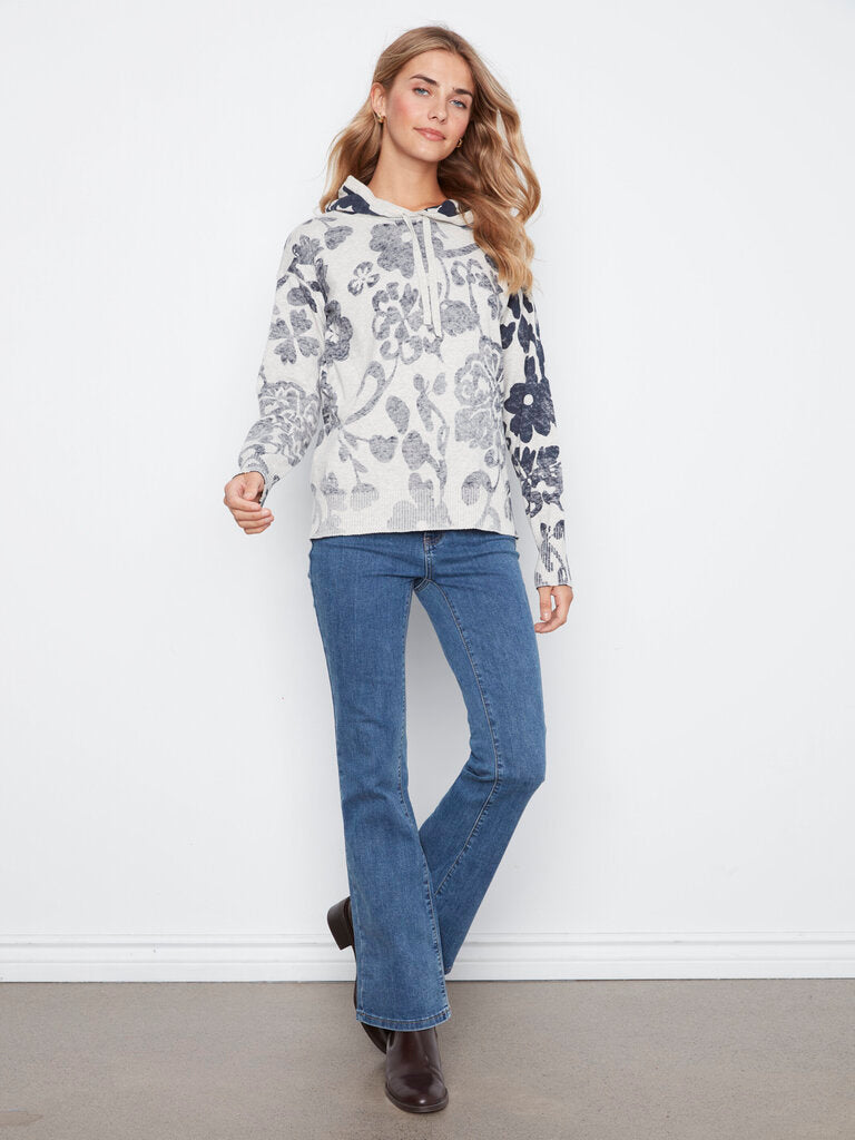 CHARLIE B Grey and Blue Paisley Long Sleeve Lightweight Cotton Hoodie Sweater Top