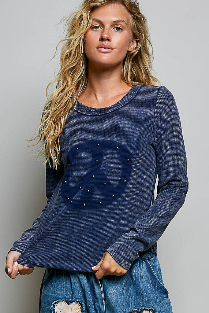 POL Navy Stonewash Long Sleeve Studded Peace Top