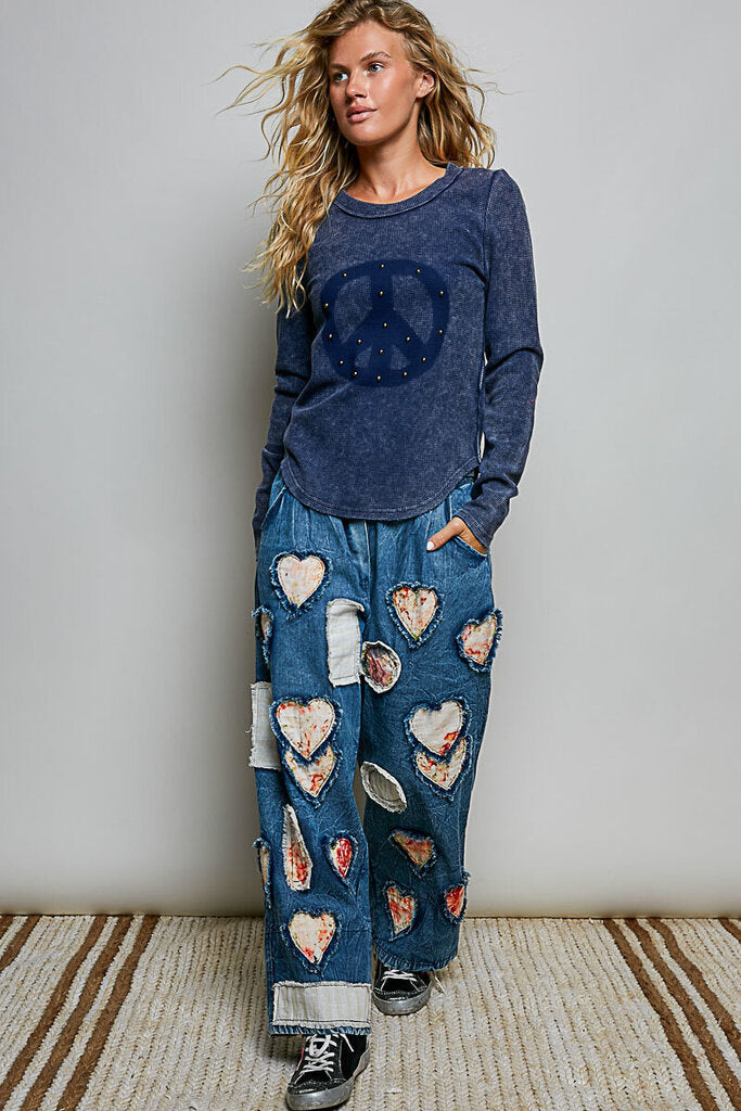 POL Navy Stonewash Long Sleeve Studded Peace Top