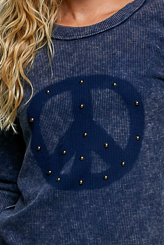 POL Navy Stonewash Long Sleeve Studded Peace Top