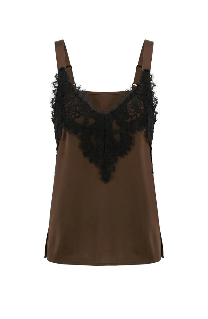 LIVER POOL Sleeveless Deep Expresso Top with Black Lace Trim