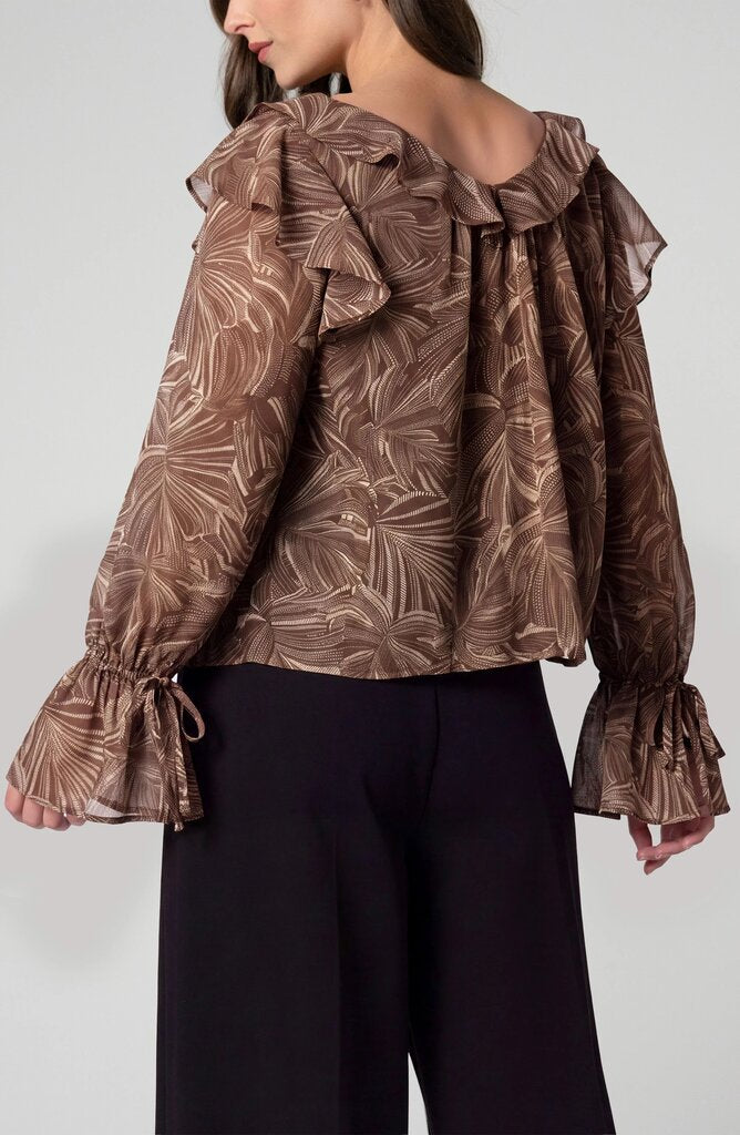 LIVER POOL Dark Espresso & Cream Leaves Long Sleeve V-neck Blouse Top
