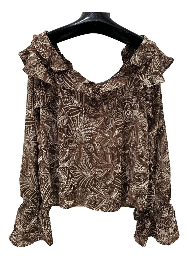 LIVER POOL Dark Espresso & Cream Leaves Long Sleeve V-neck Blouse Top