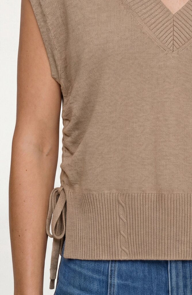 LIVER POOL Khaki Sleeveless Soft V-Neck Sweater Top with Side Ties