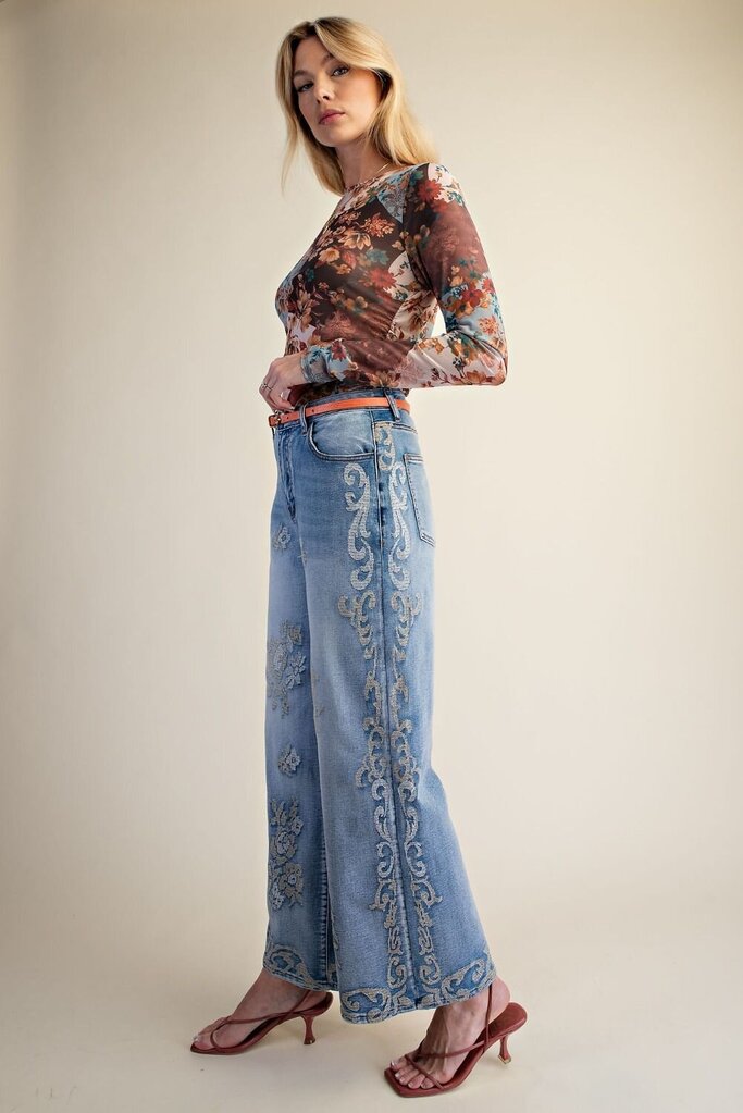 EASEL High Waist Wide Leg Embroidered Denim Jeans