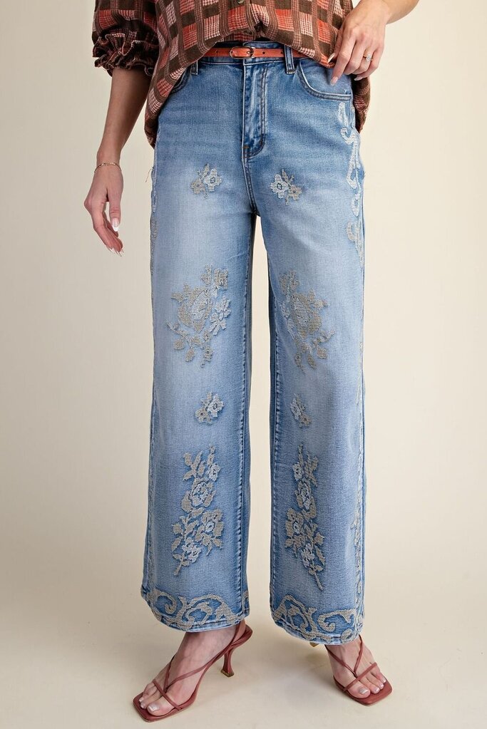 EASEL High Waist Wide Leg Embroidered Denim Jeans