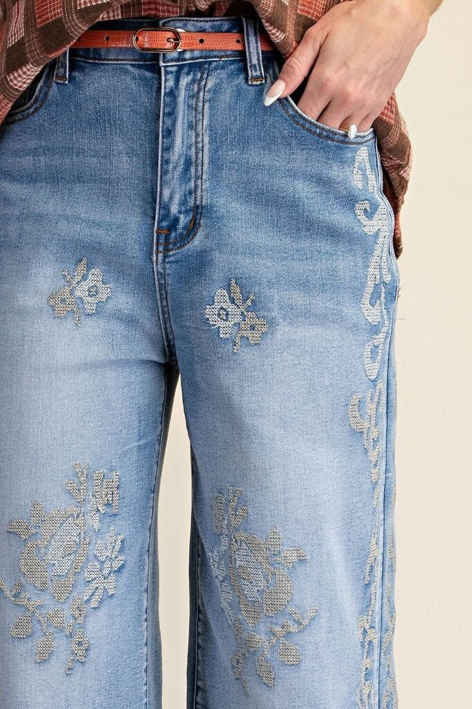 EASEL High Waist Wide Leg Embroidered Denim Jeans