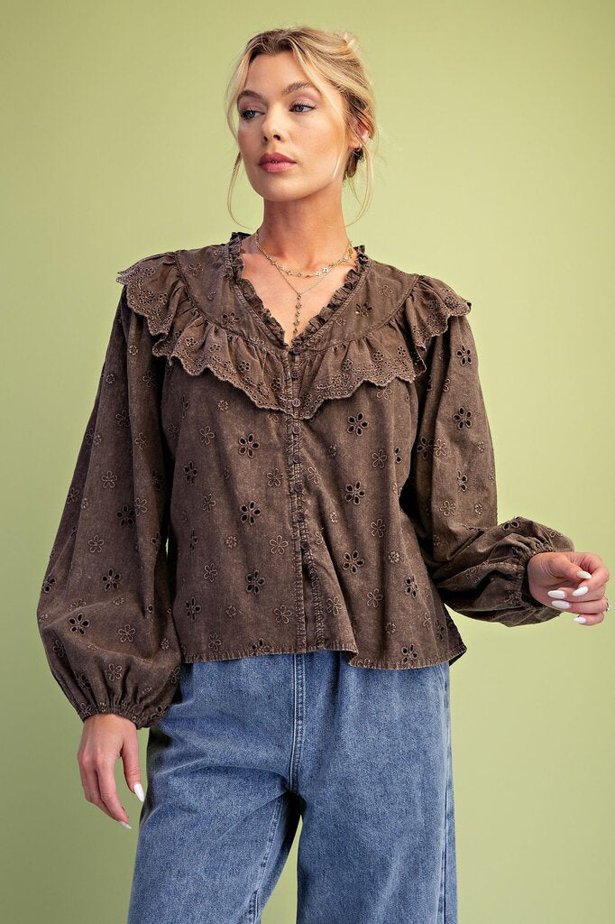 EASEL Mocha Mineral Washed Eyelet Cotton Long Sleeve Top
