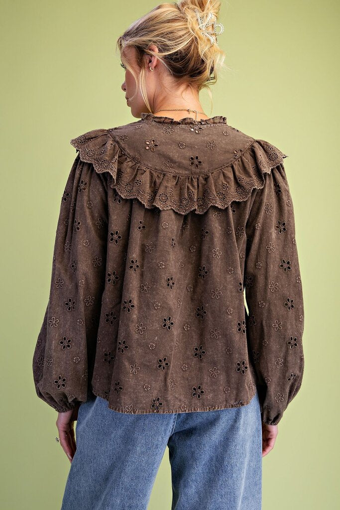 EASEL Mocha Mineral Washed Eyelet Cotton Long Sleeve Top