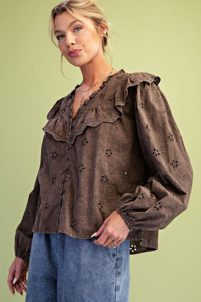 EASEL Mocha Mineral Washed Eyelet Cotton Long Sleeve Top