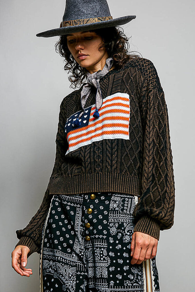 POL Stonewash Black Long Sleeve Cable Sweater with Flag