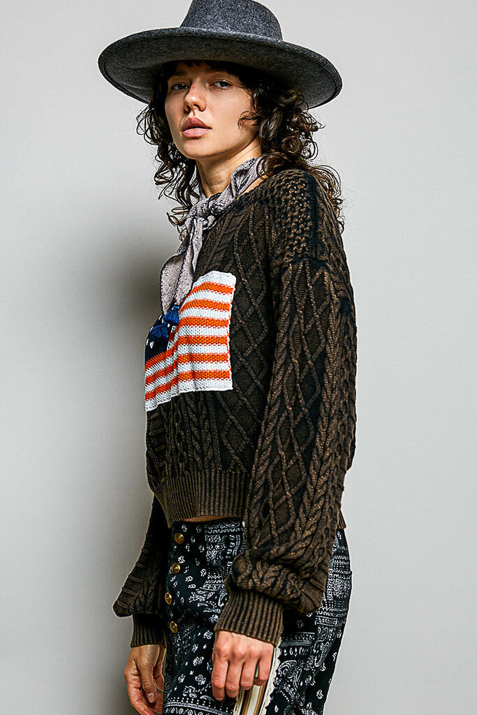POL Stonewash Black Long Sleeve Cable Sweater with Flag