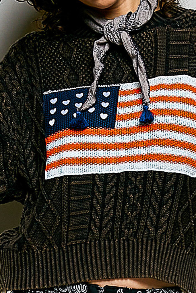 POL Stonewash Black Long Sleeve Cable Sweater with Flag