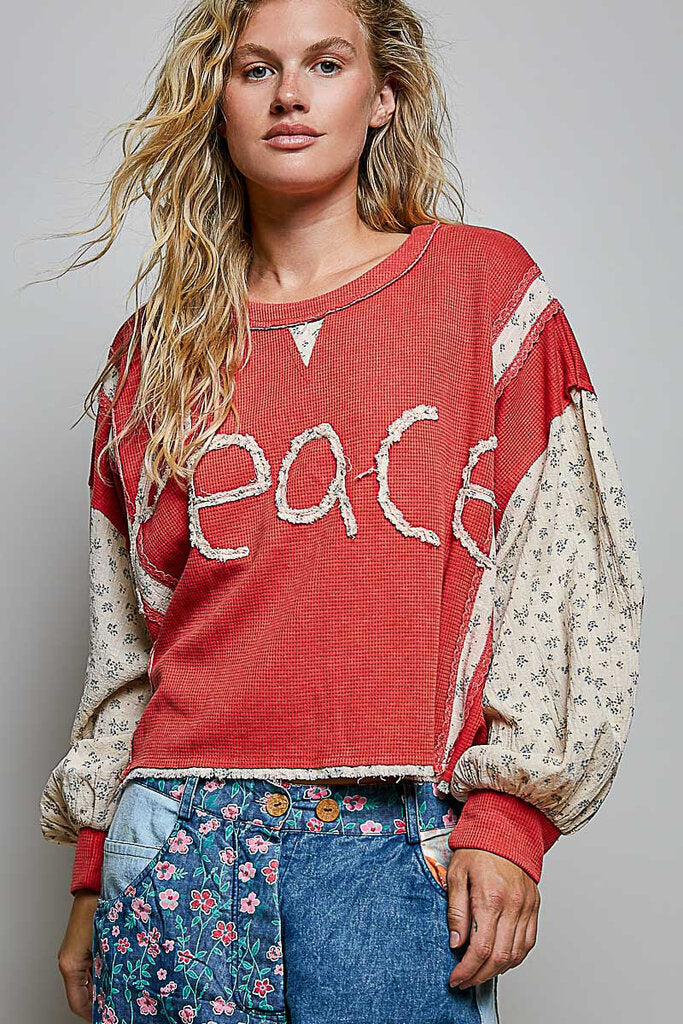 POL Stonewash Red and Floral Long Sleeve Dolman Peace Top