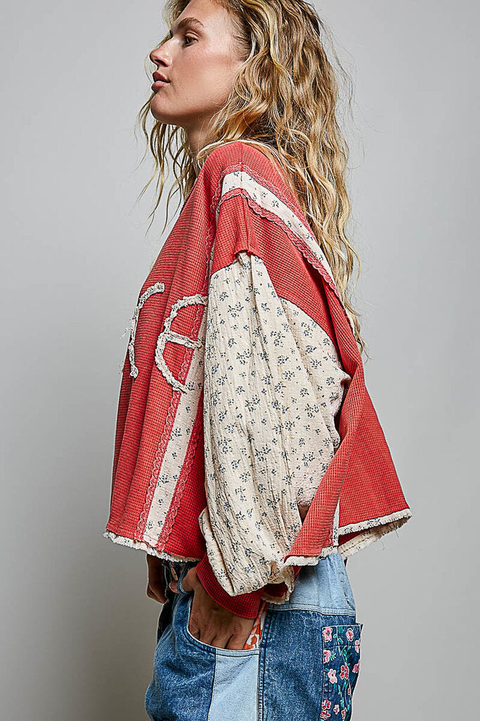 POL Stonewash Red and Floral Long Sleeve Dolman Peace Top