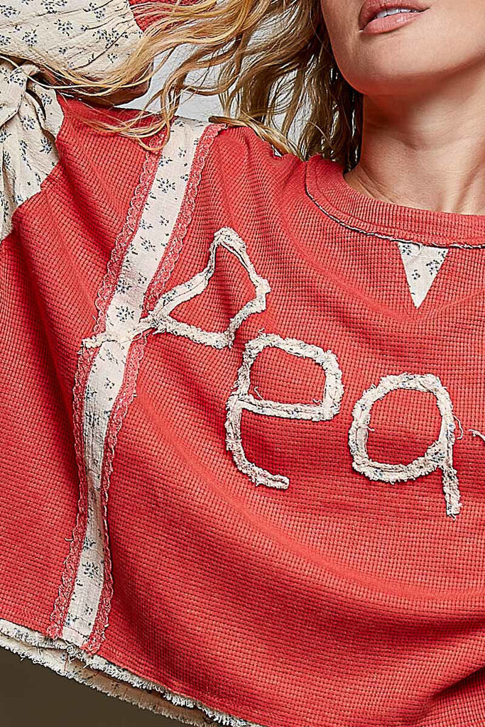POL Stonewash Red and Floral Long Sleeve Dolman Peace Top