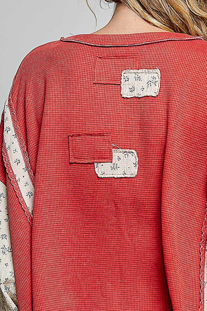 POL Stonewash Red and Floral Long Sleeve Dolman Peace Top