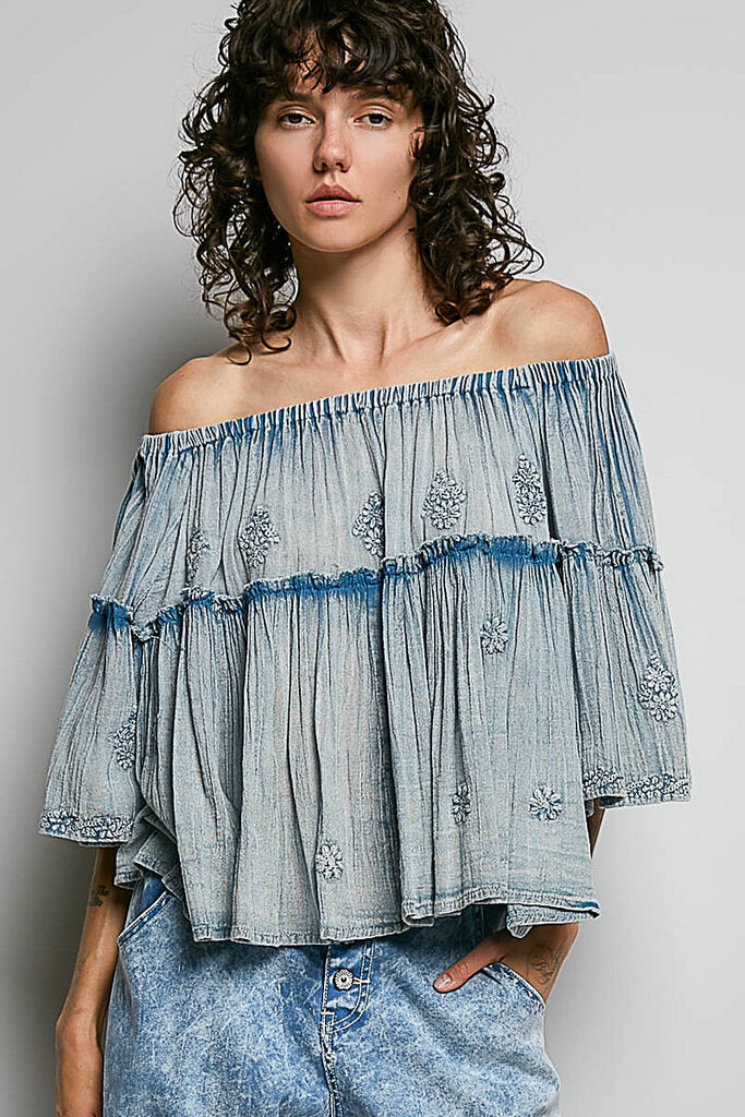 POL Vintage Blue Cotton Gauze Bell Sleeves Embroidered Top