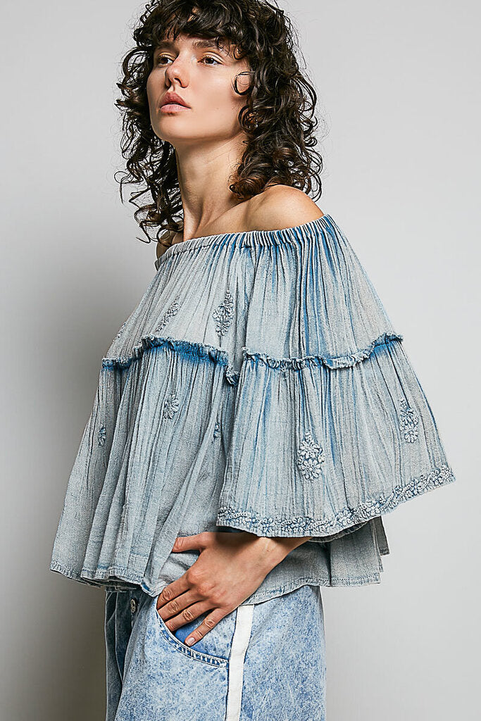 POL Vintage Blue Cotton Gauze Bell Sleeves Embroidered Top