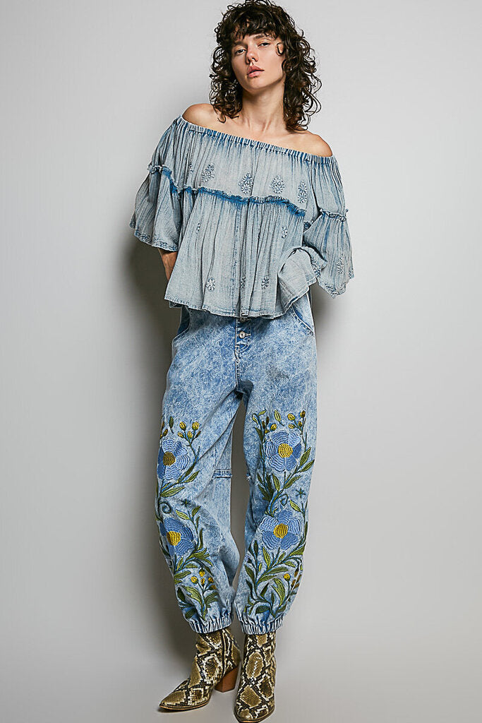 POL Vintage Blue Cotton Gauze Bell Sleeves Embroidered Top