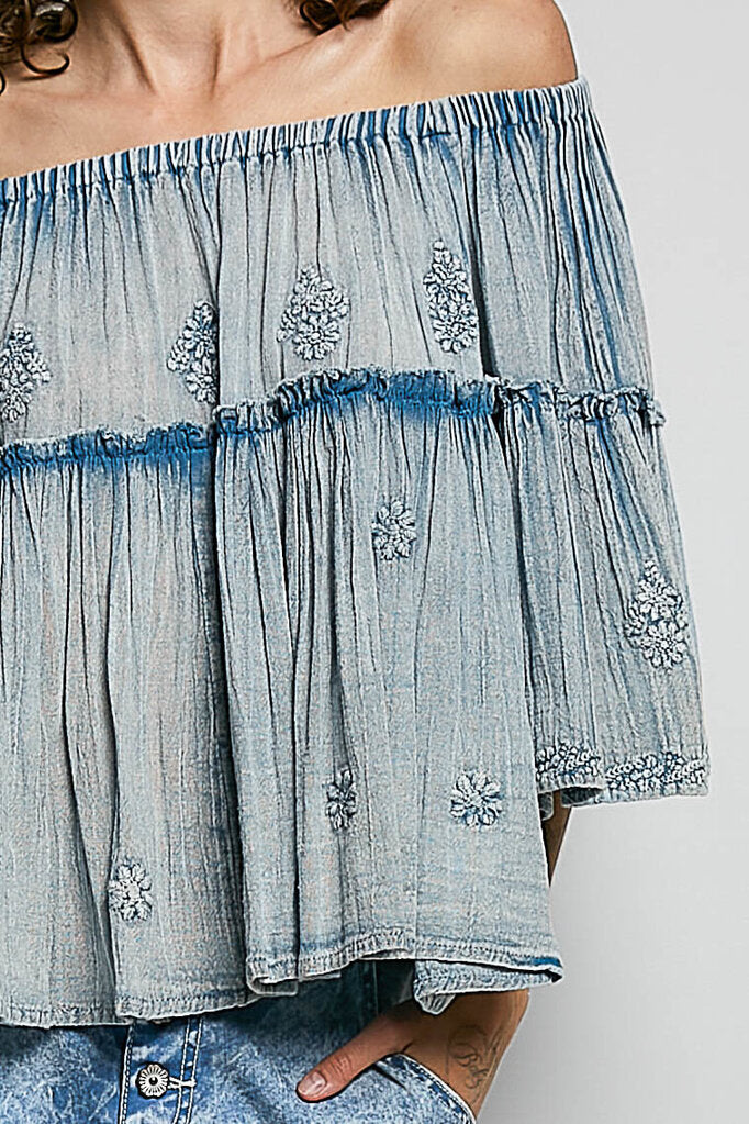 POL Vintage Blue Cotton Gauze Bell Sleeves Embroidered Top