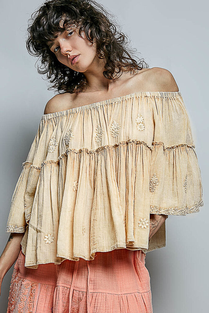 POL Vintage Almond Cotton Gauze Bell Sleeves Embroidered Top