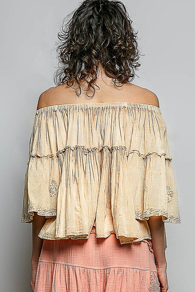 POL Vintage Almond Cotton Gauze Bell Sleeves Embroidered Top