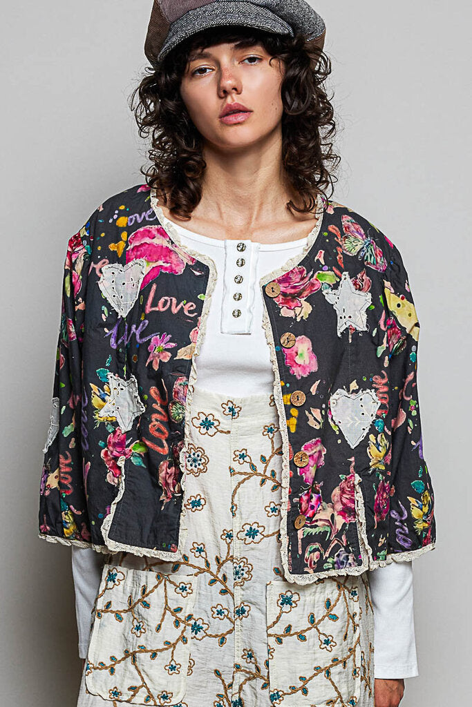 POL Charcoal and Multi Floral Cotton Jacket