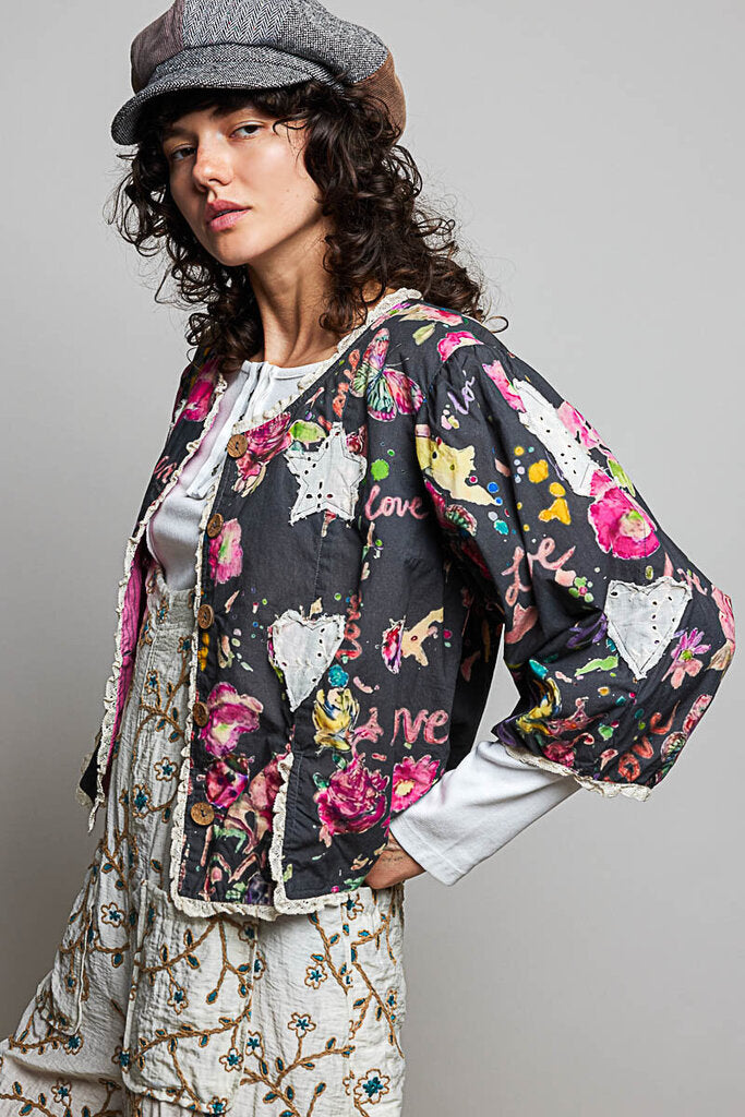 POL Charcoal and Multi Floral Cotton Jacket