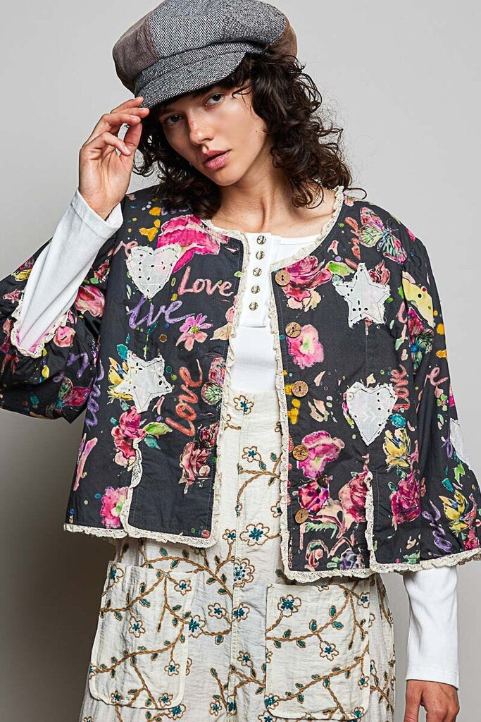 POL Charcoal and Multi Floral Cotton Jacket